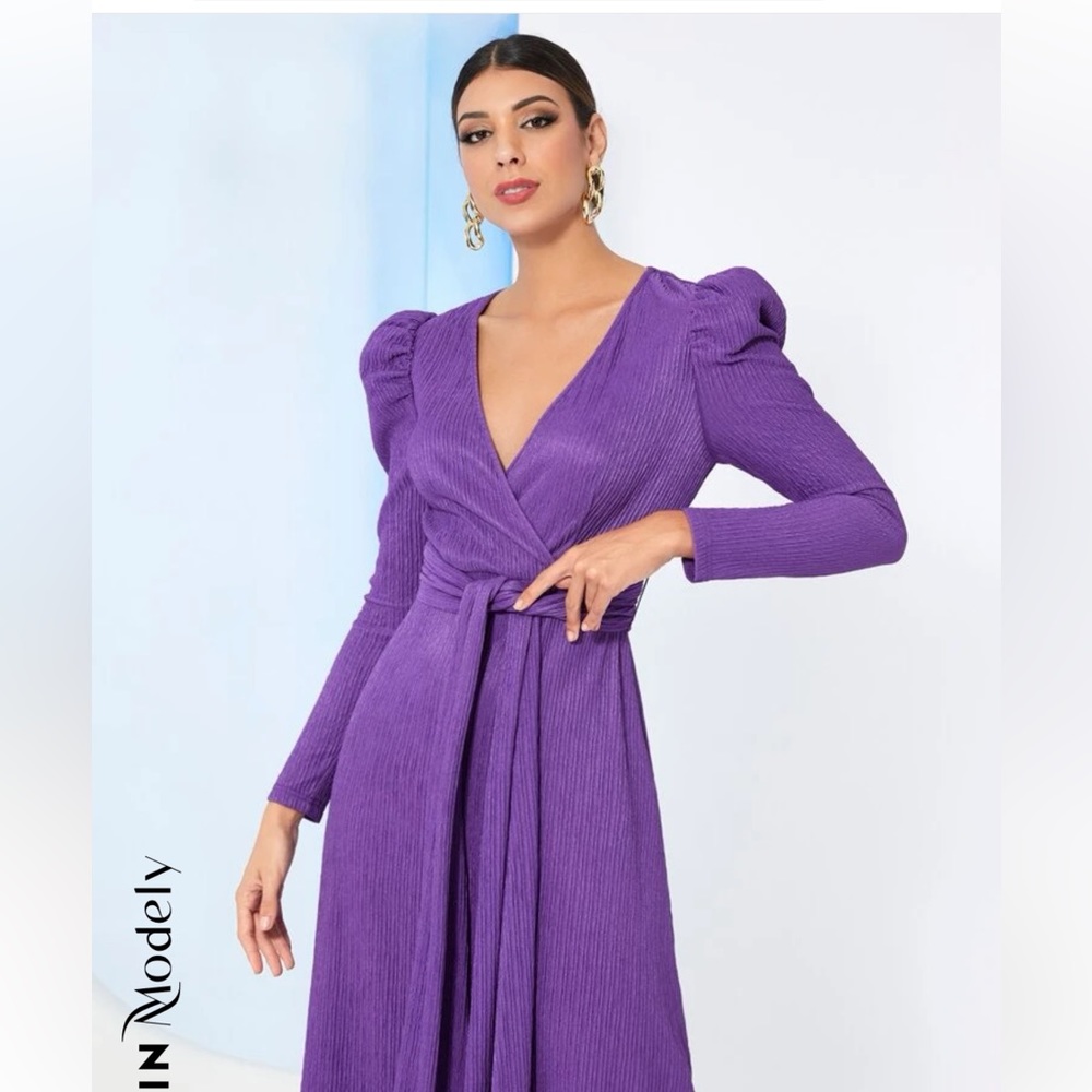 SHEIN Modely Puff Sleeve Surplice Neck Belted Dress Violet purple Size M